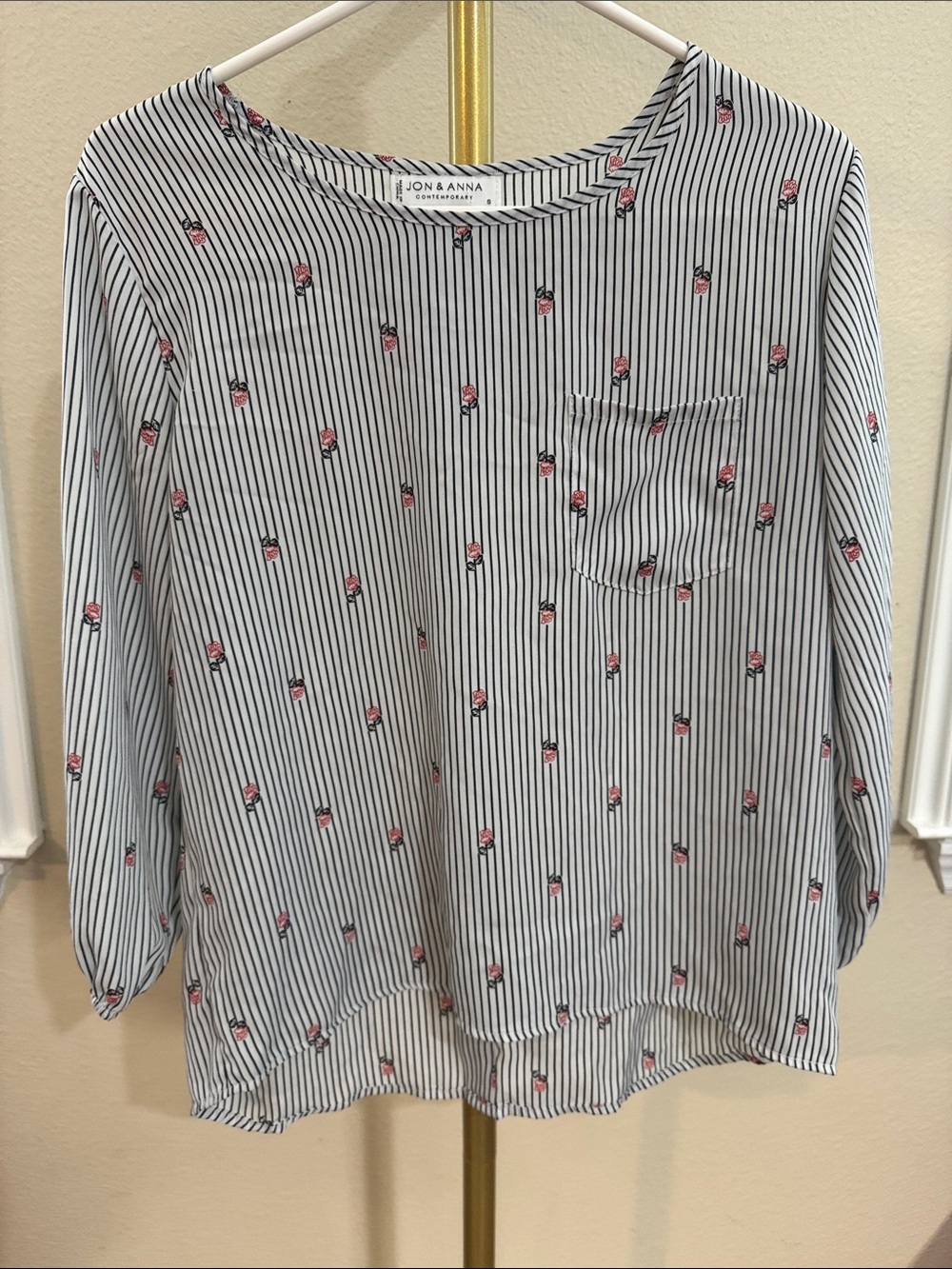 Jon & Anna Black-and-White Striped Top with Pink Floral Accents